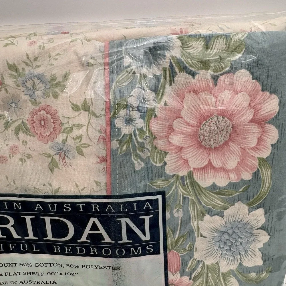 Vintage Sheridan Cordella Queen Flat Sheet Blue Cream Floral Cottagecore NIP